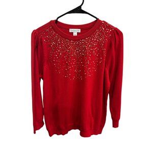 Charter Club Womens Red Long Sleeve Sweater With Gold Embellishments SZ Large